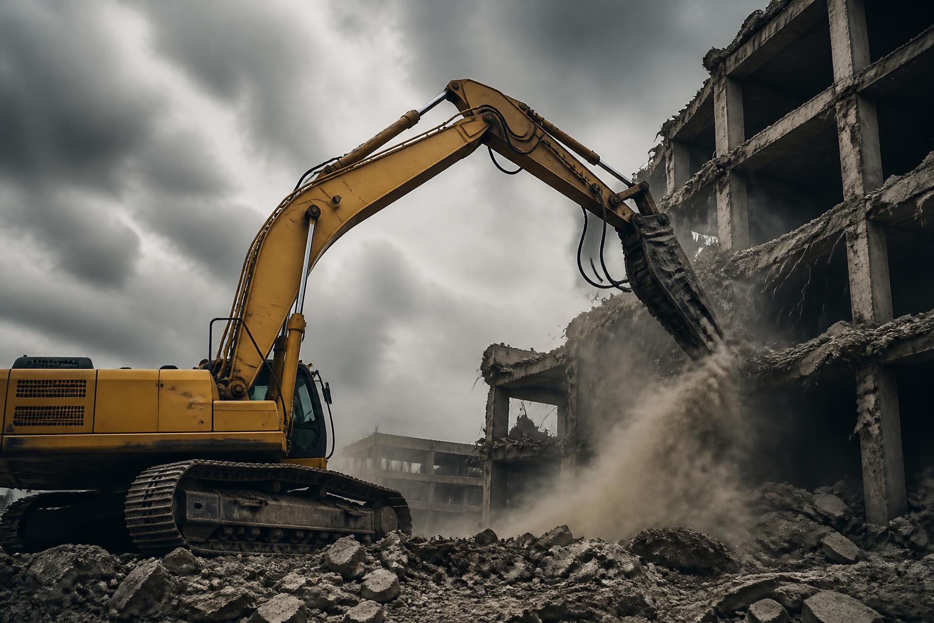 Yellow hydraulic excavator tearing into a concrete structure during a controlled demolition