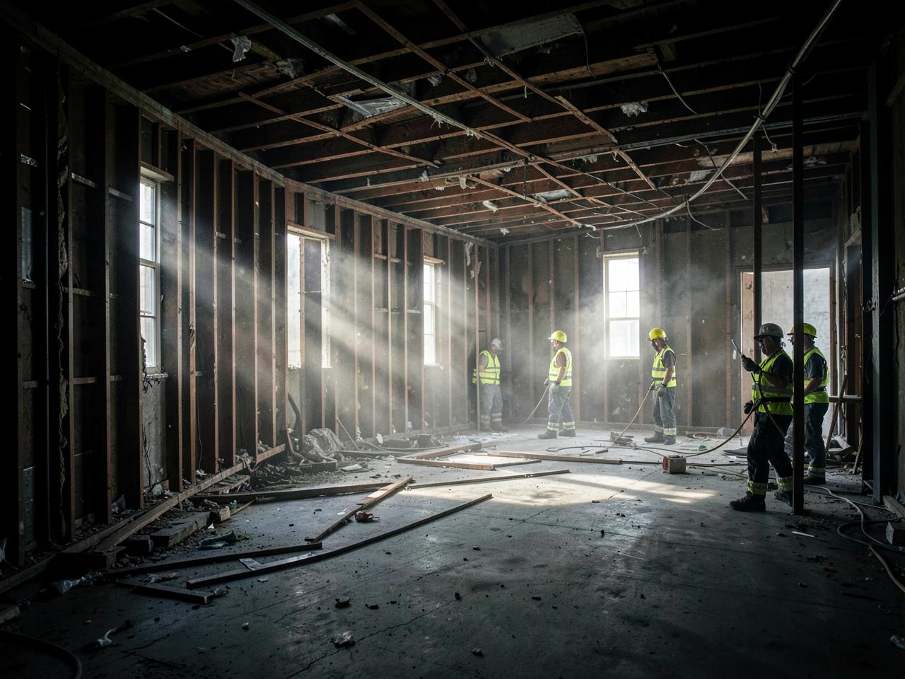 Crew carrying out an interior strip-out demolition inside a commercial building