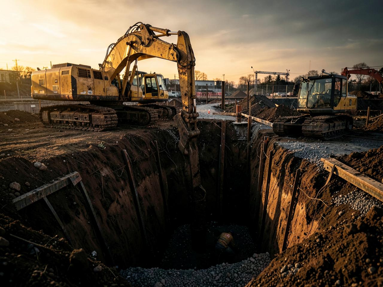 Excavator digging a shored foundation trench on a construction site