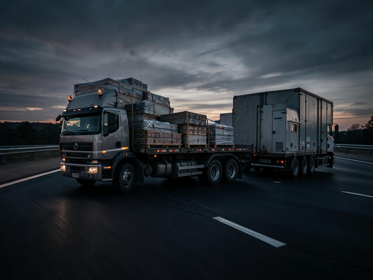 Flatbed truck hauling construction materials and an equipment trailer