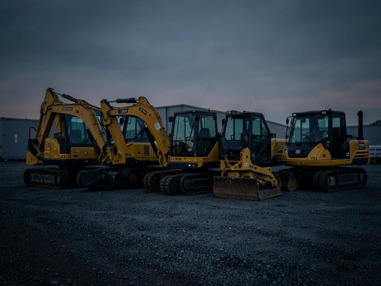 Row of heavy excavators and compact equipment parked in a gravel yard