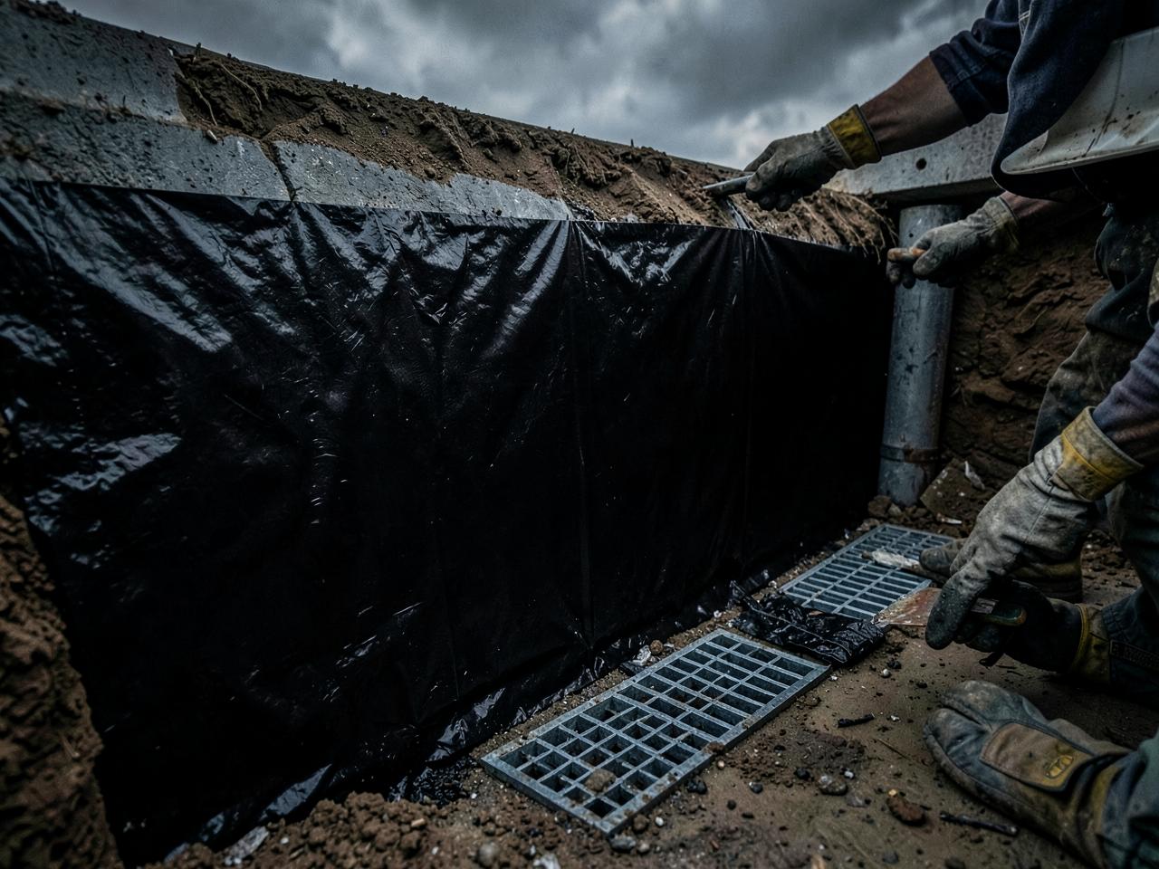 Waterproofing membrane and drainage installed against an excavated foundation wall